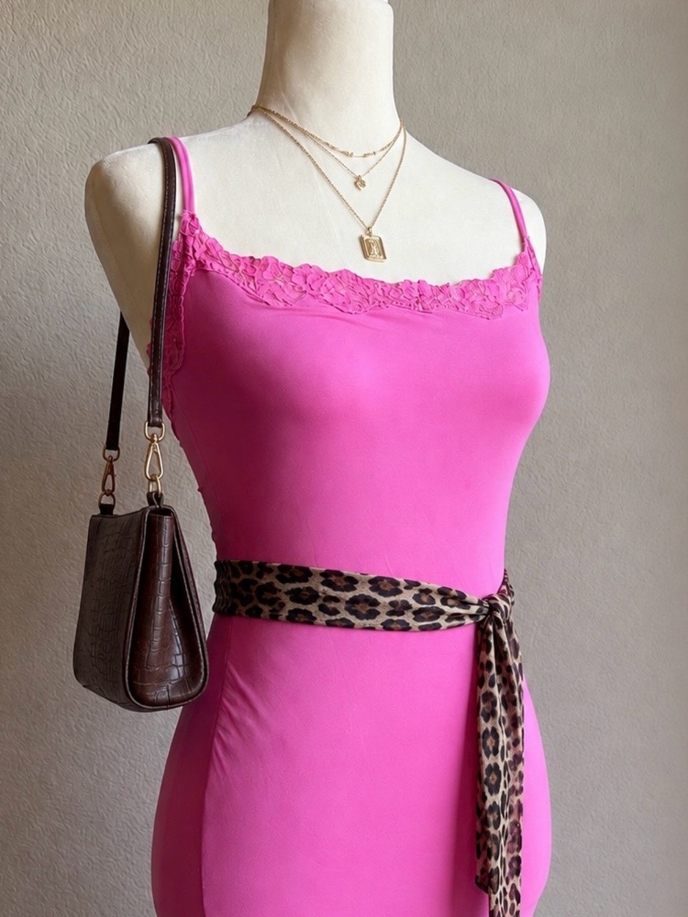 SKIMS Barbie Pink Lace Trim Maxi Dress Size M Bodycon Stretch